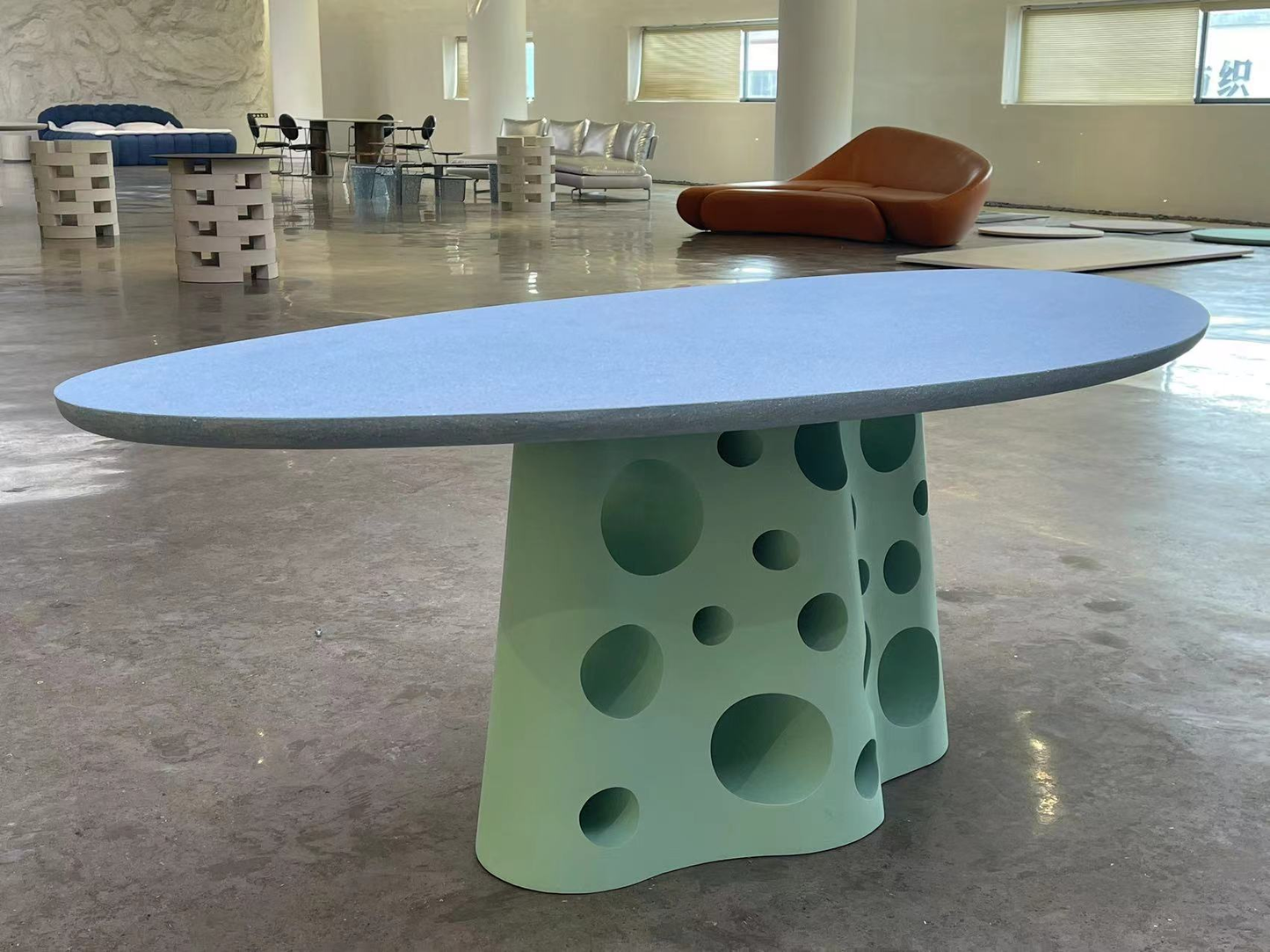 UHPC Eva Dinner Table Pebble Top Metal holes Base